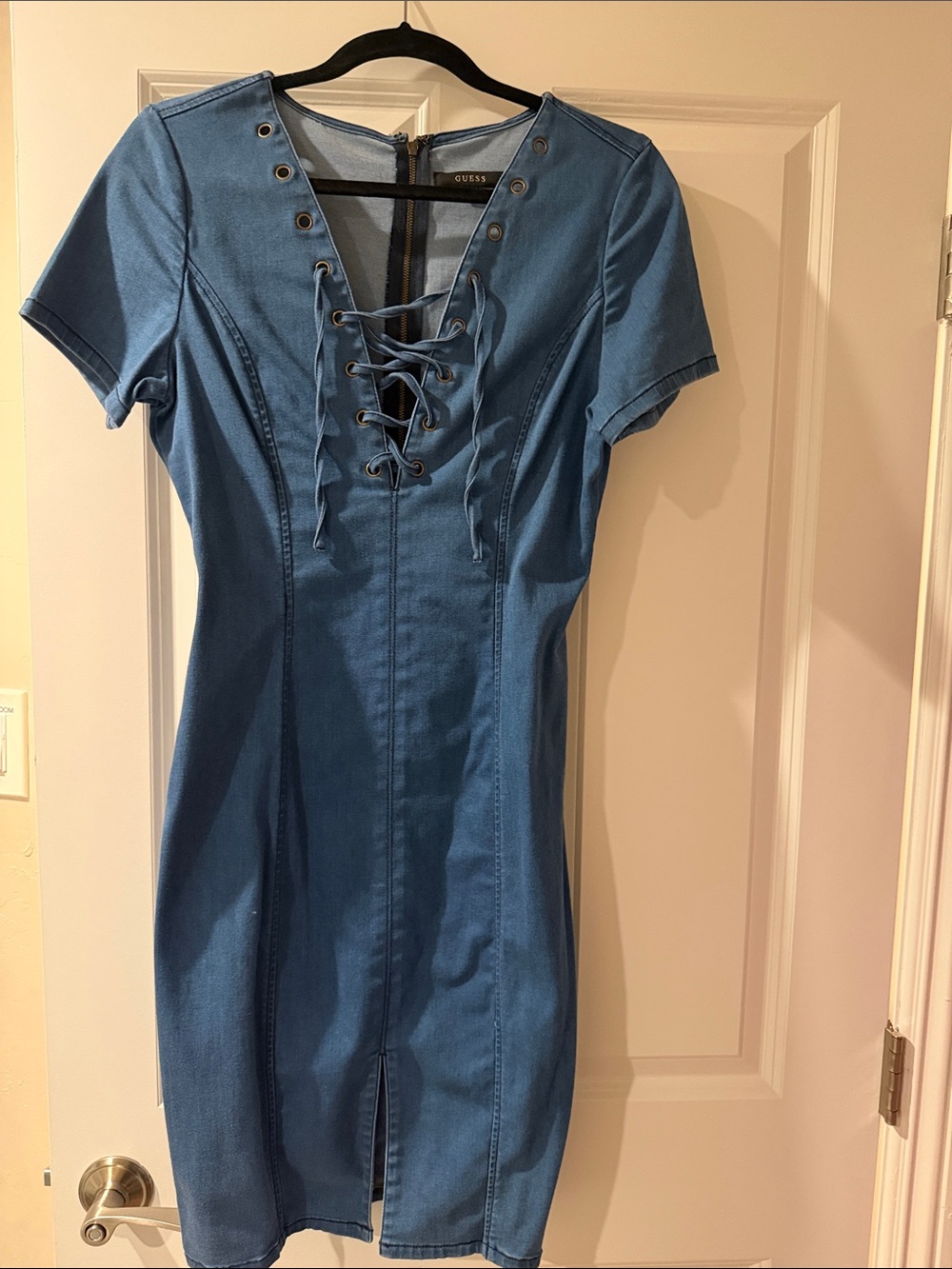 Guess Blue Denim Lace-Up V-Neck Dress